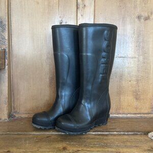 SOREL Joan Tall Black Wedge Rain Boots Size 6